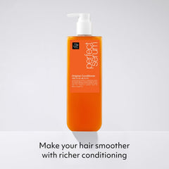 Mise En Scene Perfect Serum Original Conditioner shows nourished hair with enhanced softness and shine.
