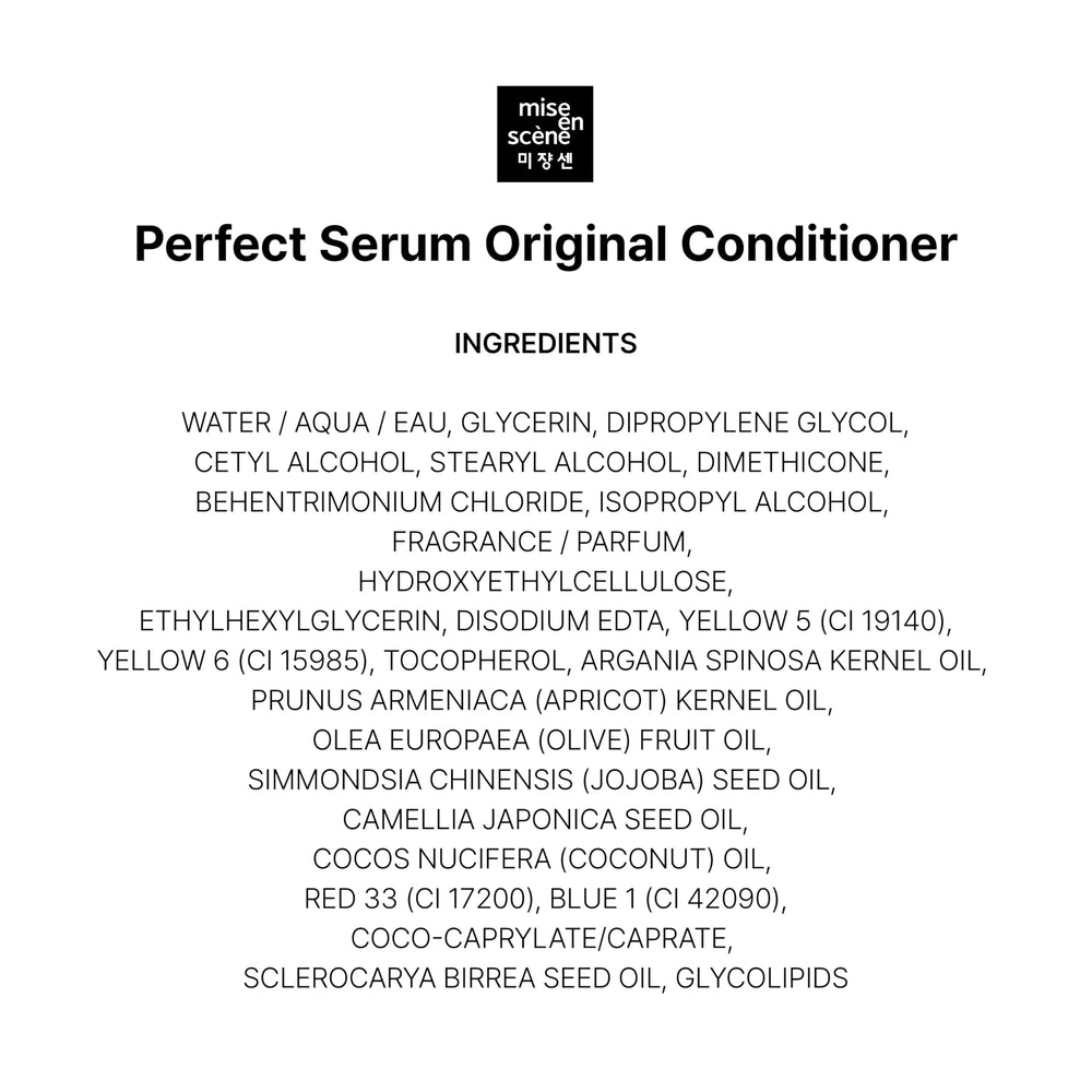 Mise En Scene Perfect Serum Original Conditioner tube stands with vibrant branding and care promise.
