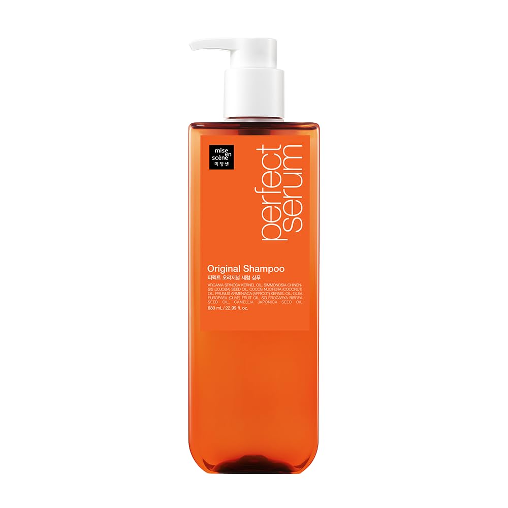 Mise En Scene Perfect Serum Original Shampoo bottle viewed up close, nourishing luxury for damaged hair.