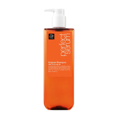 Mise En Scene Perfect Serum Original Shampoo bottle viewed up close, nourishing luxury for damaged hair.