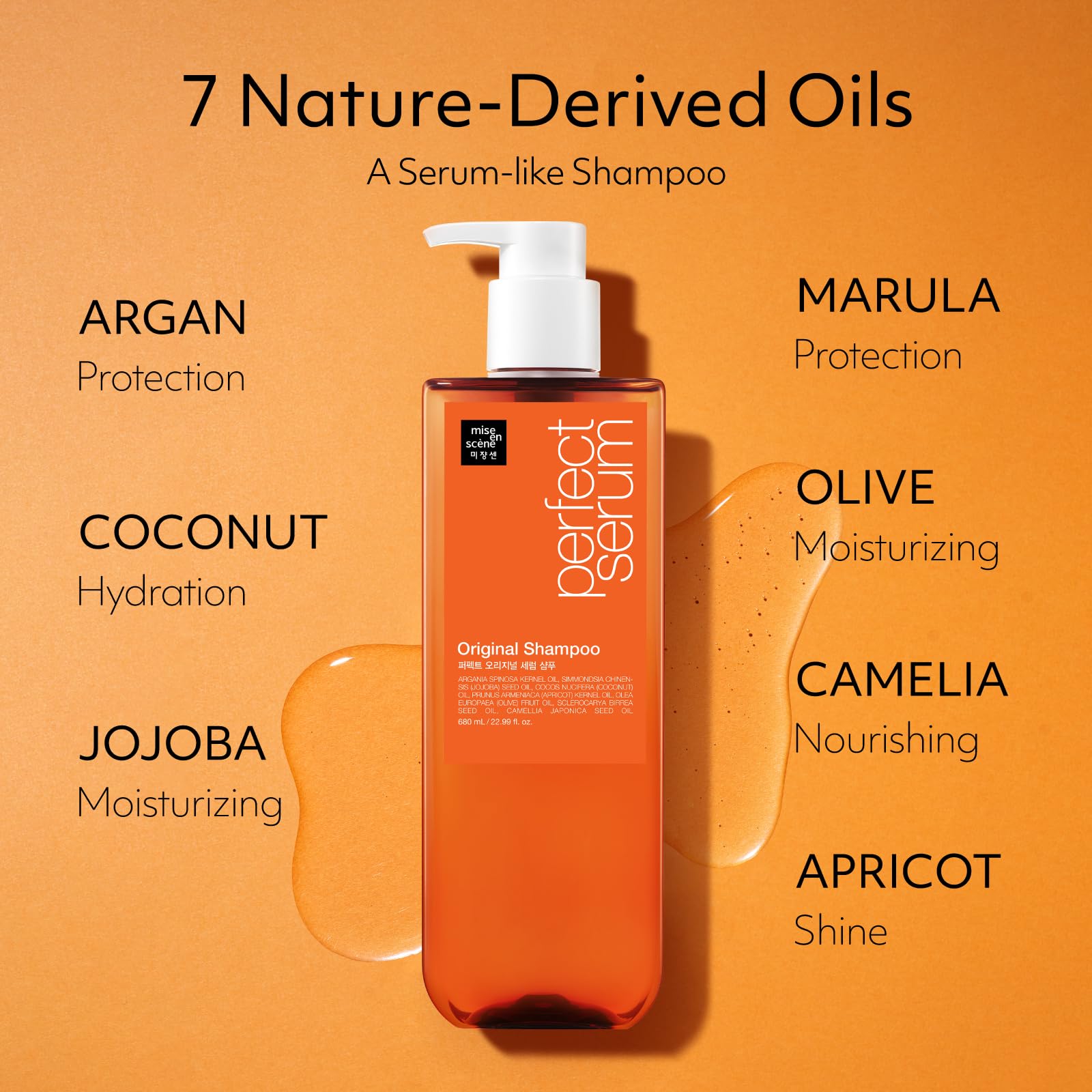Mise En Scene Perfect Serum Original Shampoo seven-oil blend for balanced moisture.