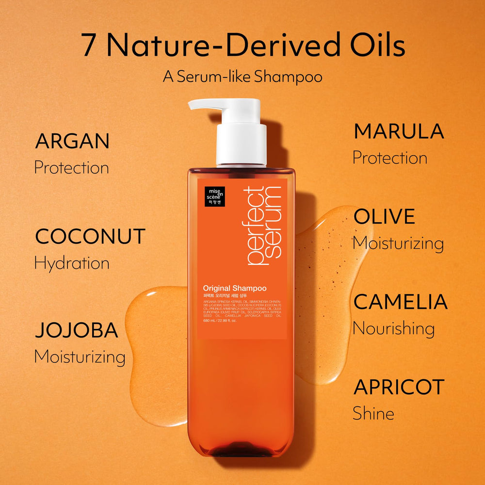Mise En Scene Perfect Serum Original Shampoo seven-oil blend for balanced moisture.