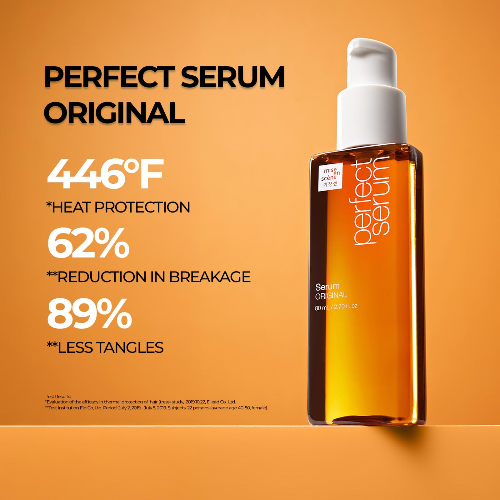 Mise En Scene Perfect Serum Original shine close-up conveys radiant finish on hair.