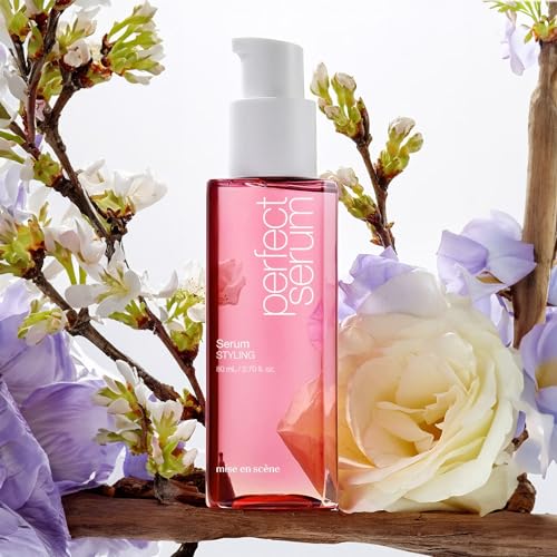 Mise En Scene Perfect Serum packaging close-up emphasizes nourishing oils for smoother hair
