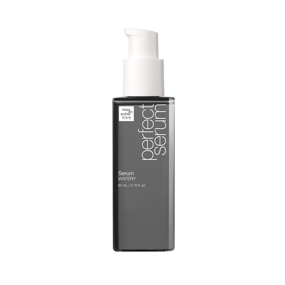 Mise En Scene Perfect Serum Watery bottle close-up highlighting lightweight hydration for fine hair