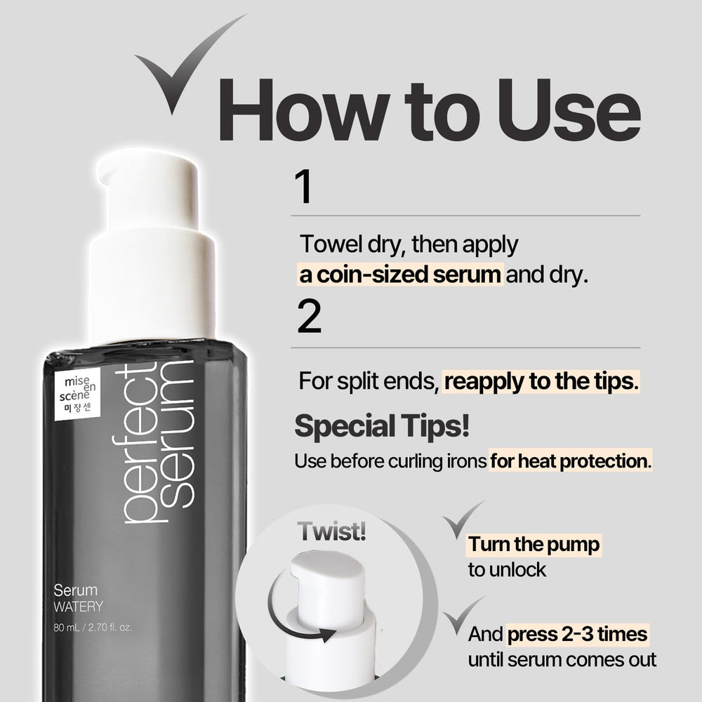 Mise En Scene Perfect Serum Watery hair application on damp hair shows quick absorption