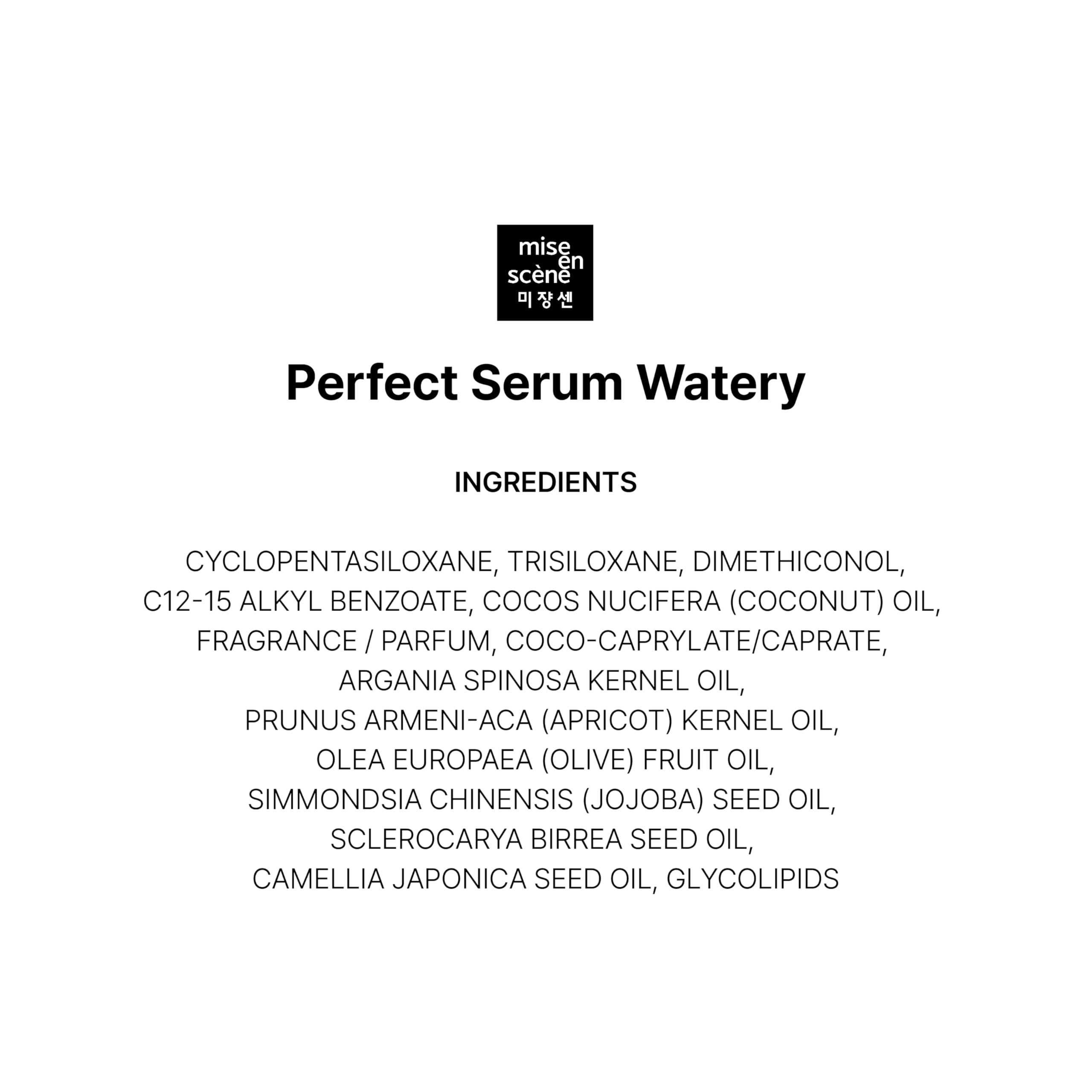 Mise En Scene Perfect Serum Watery label reads alcohol-free and paraben-free