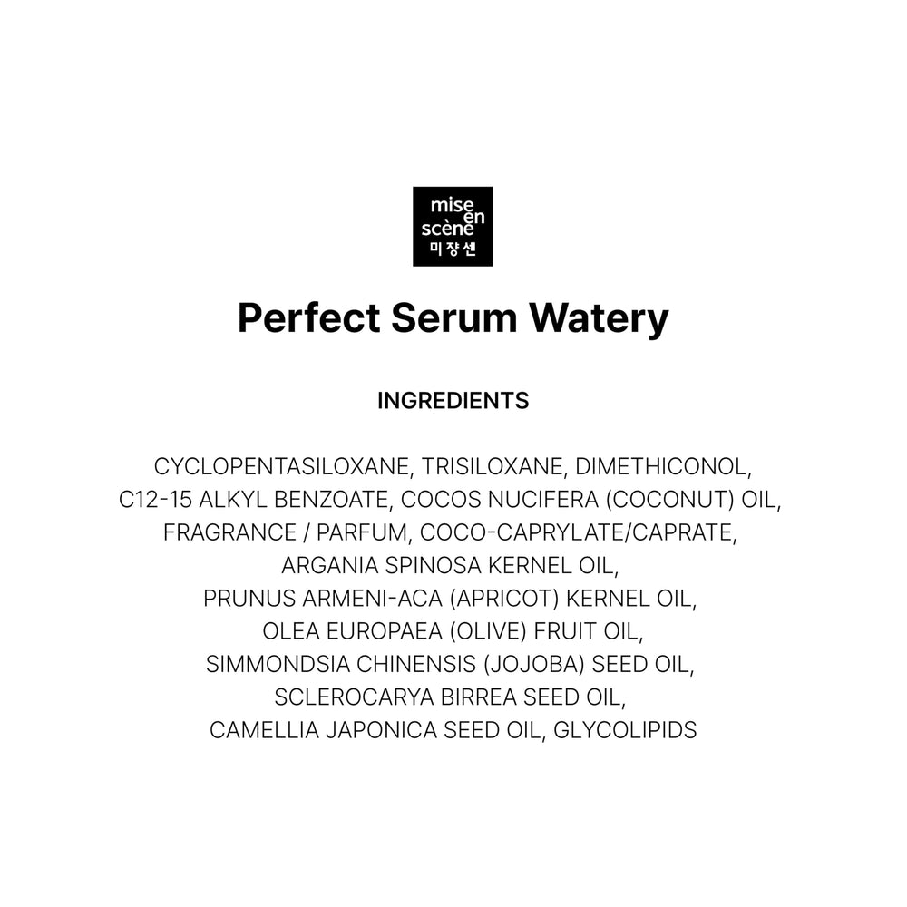Mise En Scene Perfect Serum Watery label reads alcohol-free and paraben-free