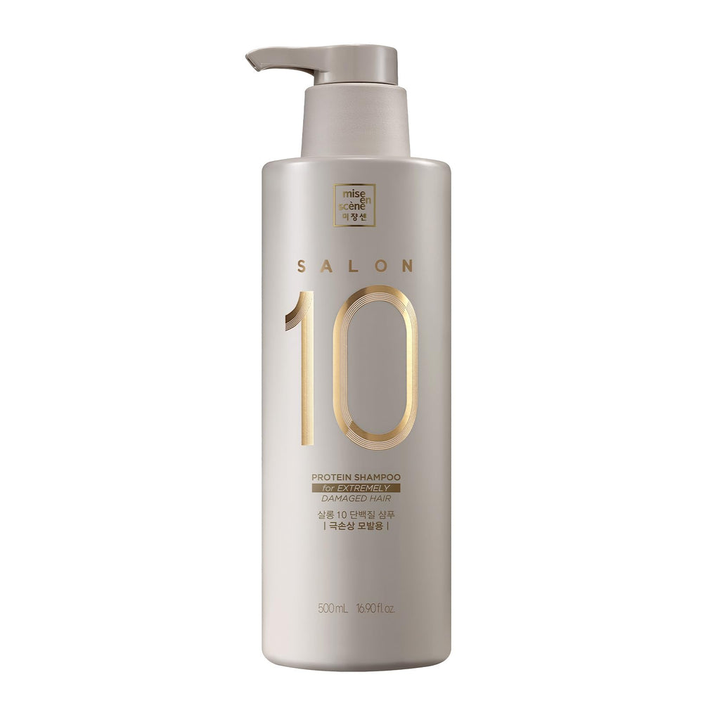 Mise En Scene Salon 10 Protein Shampoo bottle pouring strengthens hair and smooths cuticles