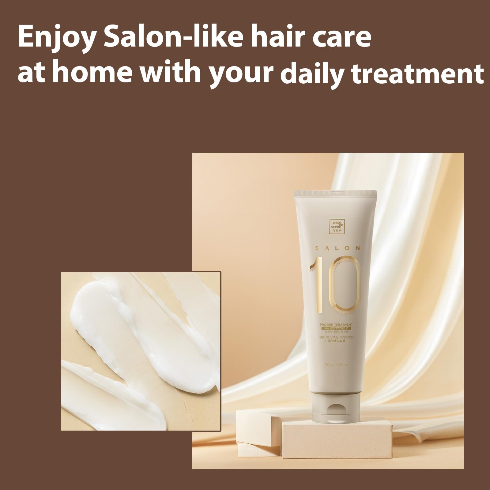 Mise En Scene Salon 10 Protein Treatment close-up bottle showing 10,000ppm protein