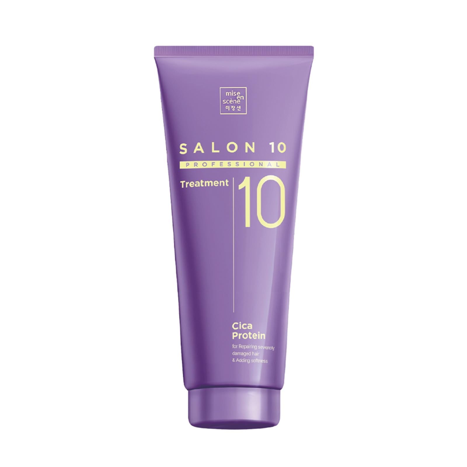 Mise En Scene Salon 10 treatment bottle closeup highlighting cica protein for hair repair.