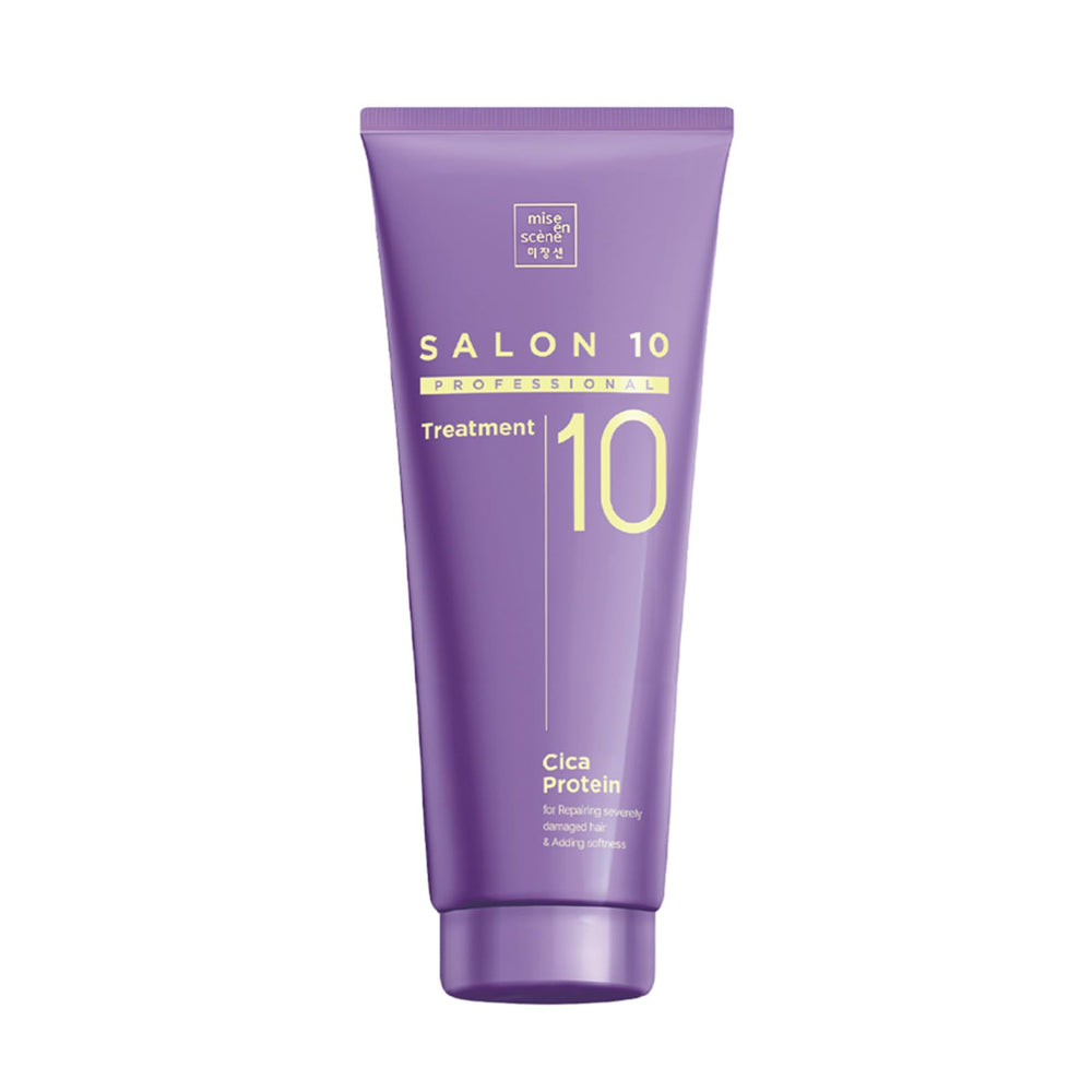Mise En Scene Salon 10 treatment bottle closeup highlighting cica protein for hair repair.