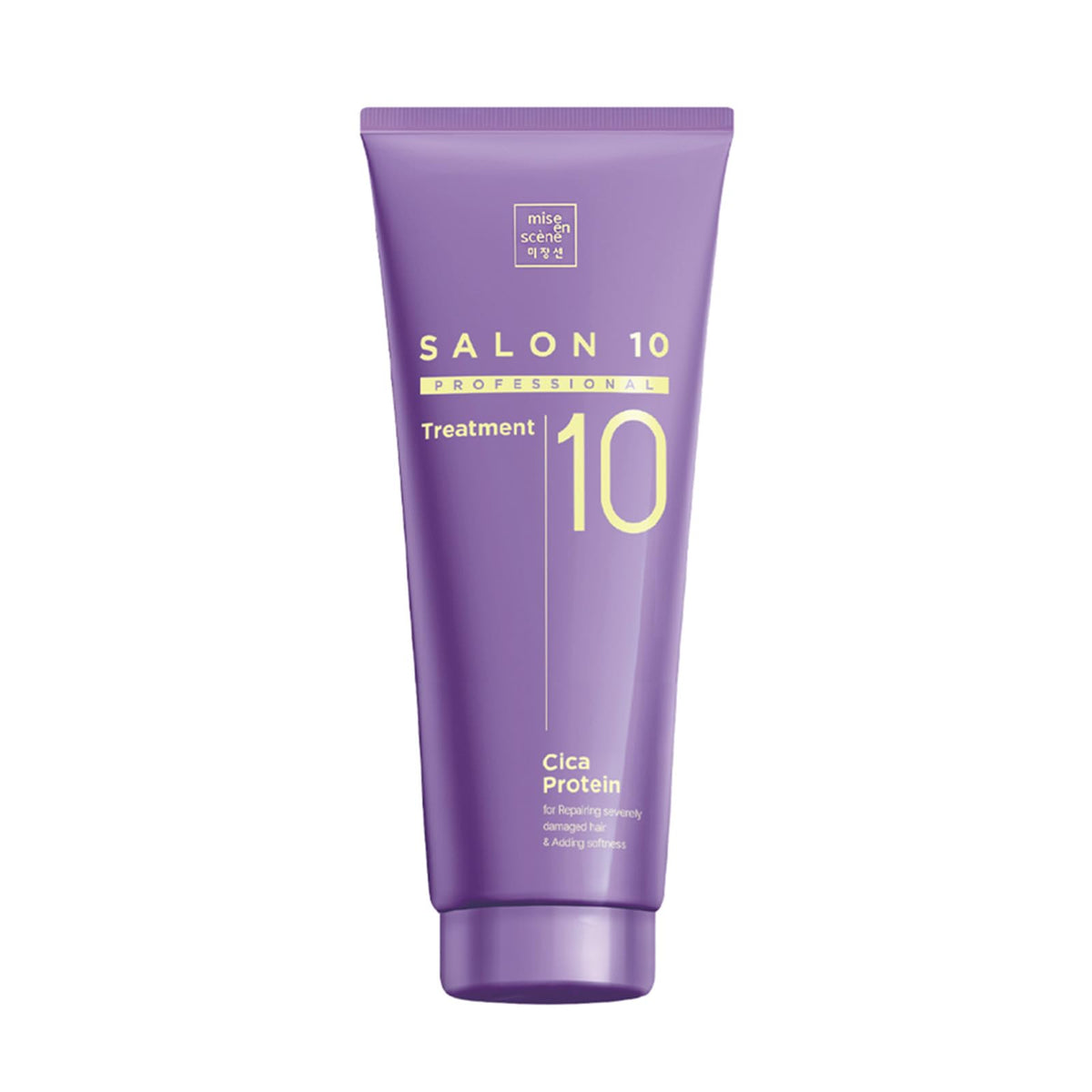 Mise En Scene Salon 10 treatment bottle closeup highlighting cica protein for hair repair.