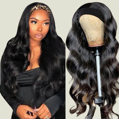 Miss Lee headband wig with Brazilian virgin hair shows 18-inch body wave for versatile styling.