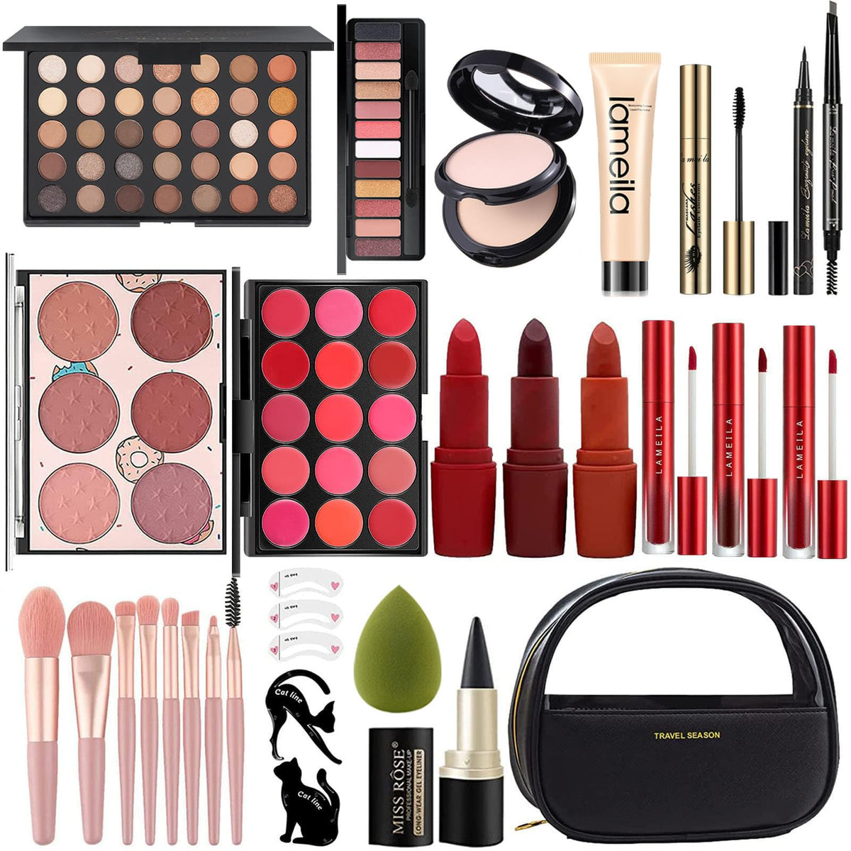 Miss Rose M All In One kit outer packaging showing portable makeup set for travel-ready beauty