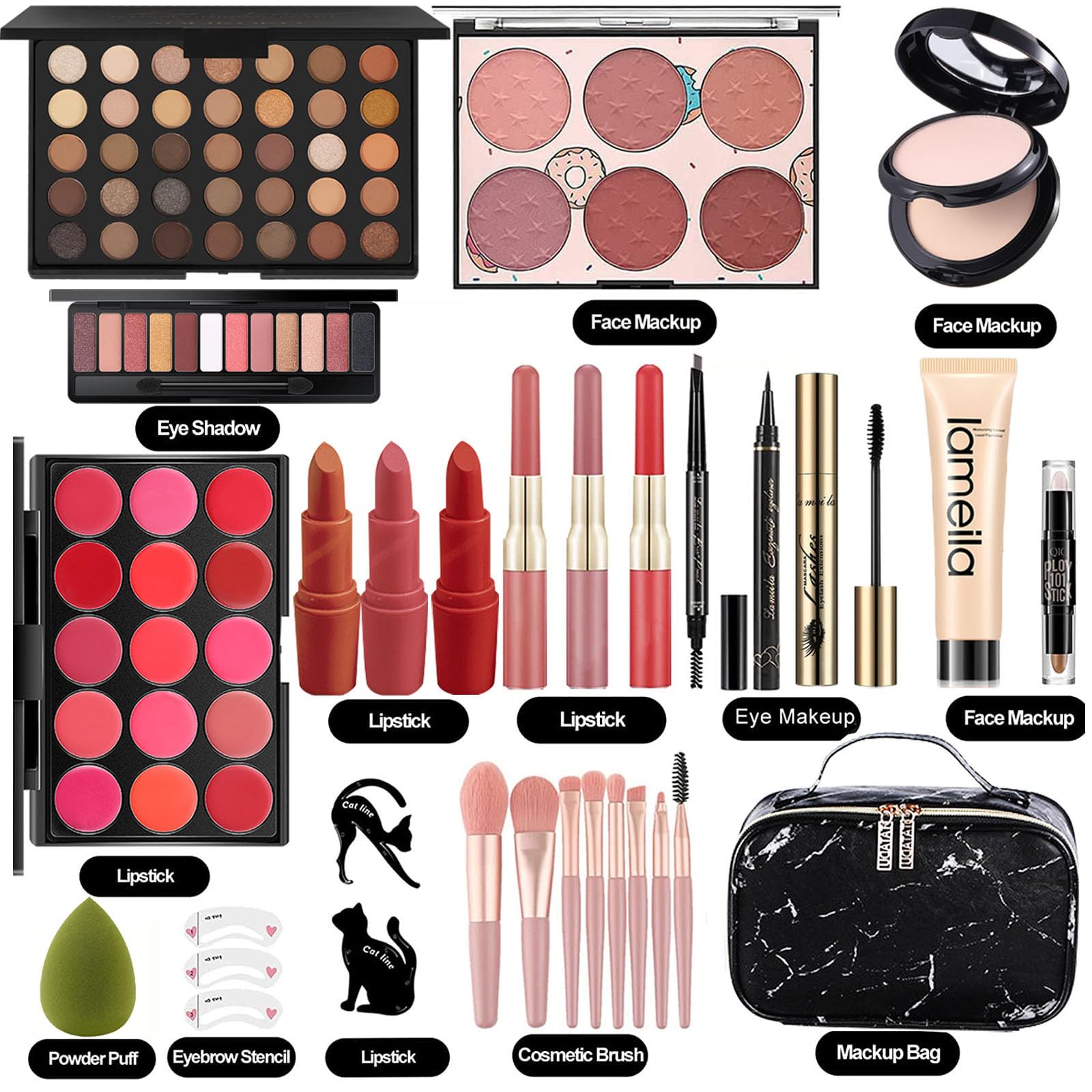 Miss Rose M All In One Makeup Kit lipstick palette swatches on skin for bold color options.