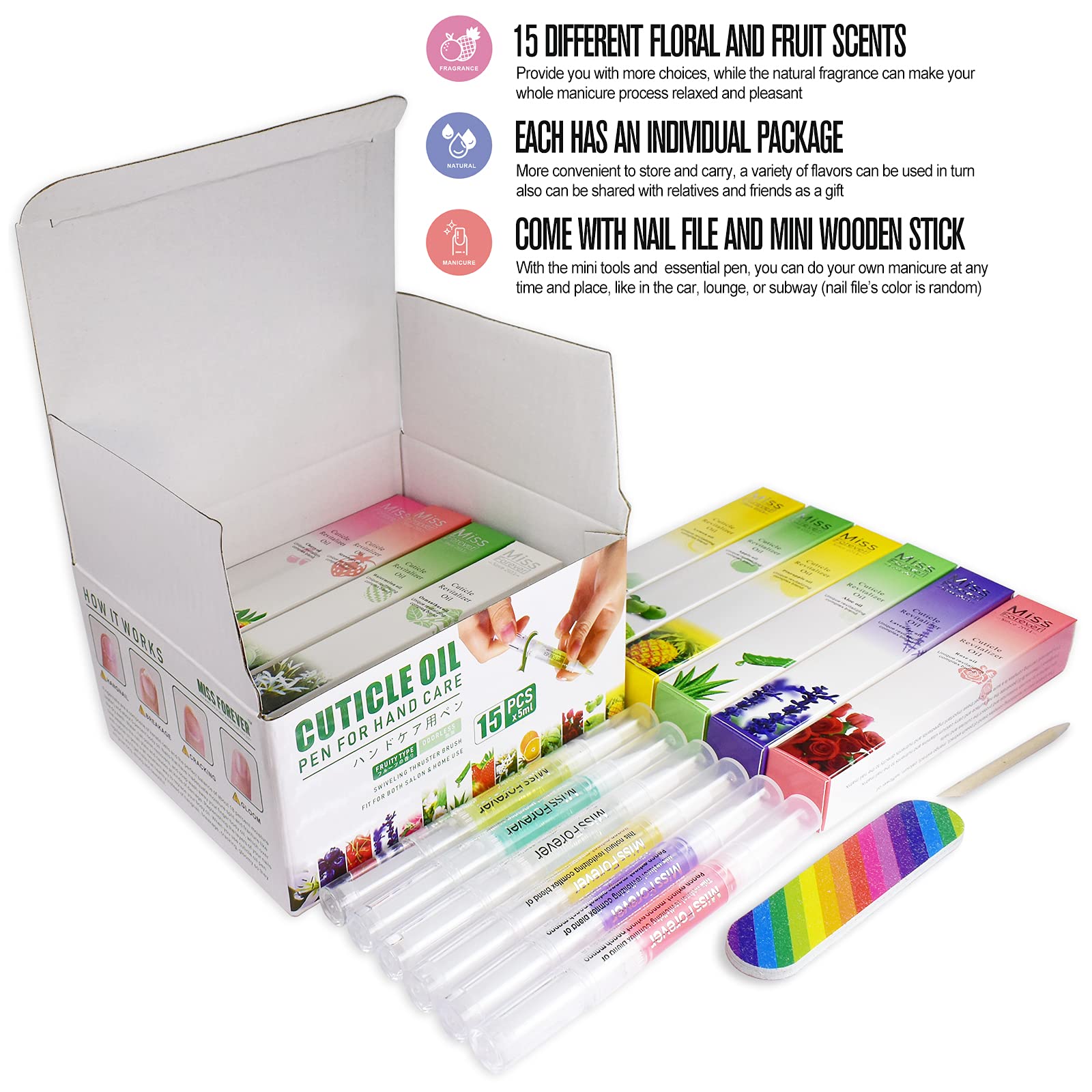 Miss Forever cuticle oil pen packaging closeup highlighting travel-friendly design for repairs.