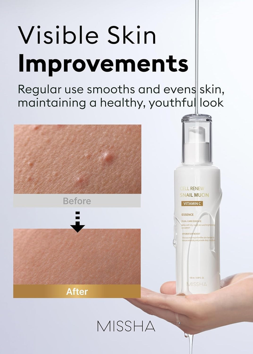 MISSHA Cell Renew Snail Mucin Essence closeup showing silky texture ready for layering