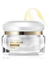 MISSHA Cell Renew snail mucin vitamin C cream jar closeup showing rich hydration for glowing skin.