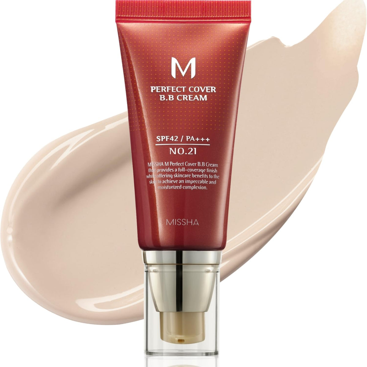 MISSHA M Perfect Cover BB Cream No.21 Light Beige with SPF 42 in use for natural coverage