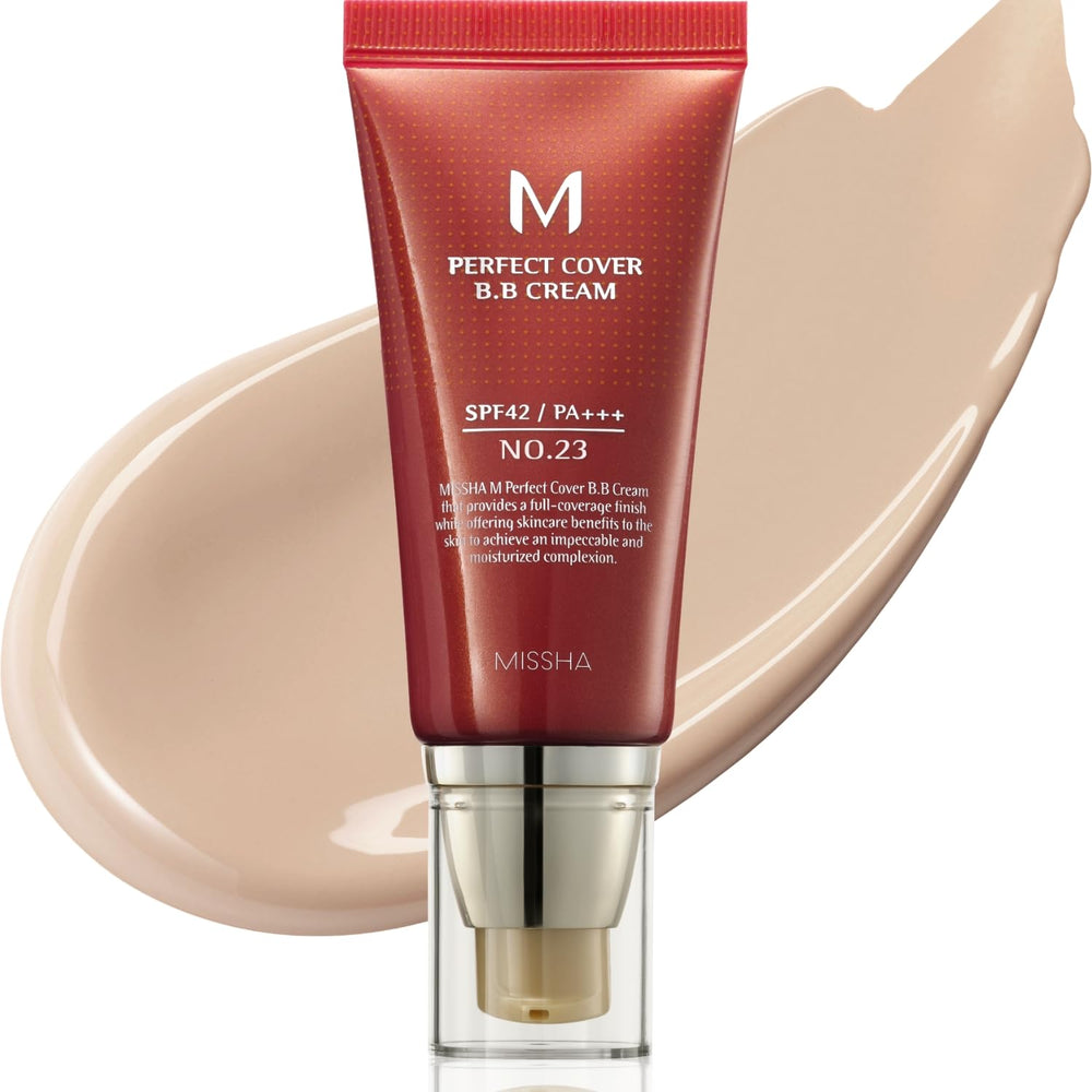 MISSHA M Perfect Cover BB Cream No.23 natural beige swatch for an even-toned, radiant finish.
