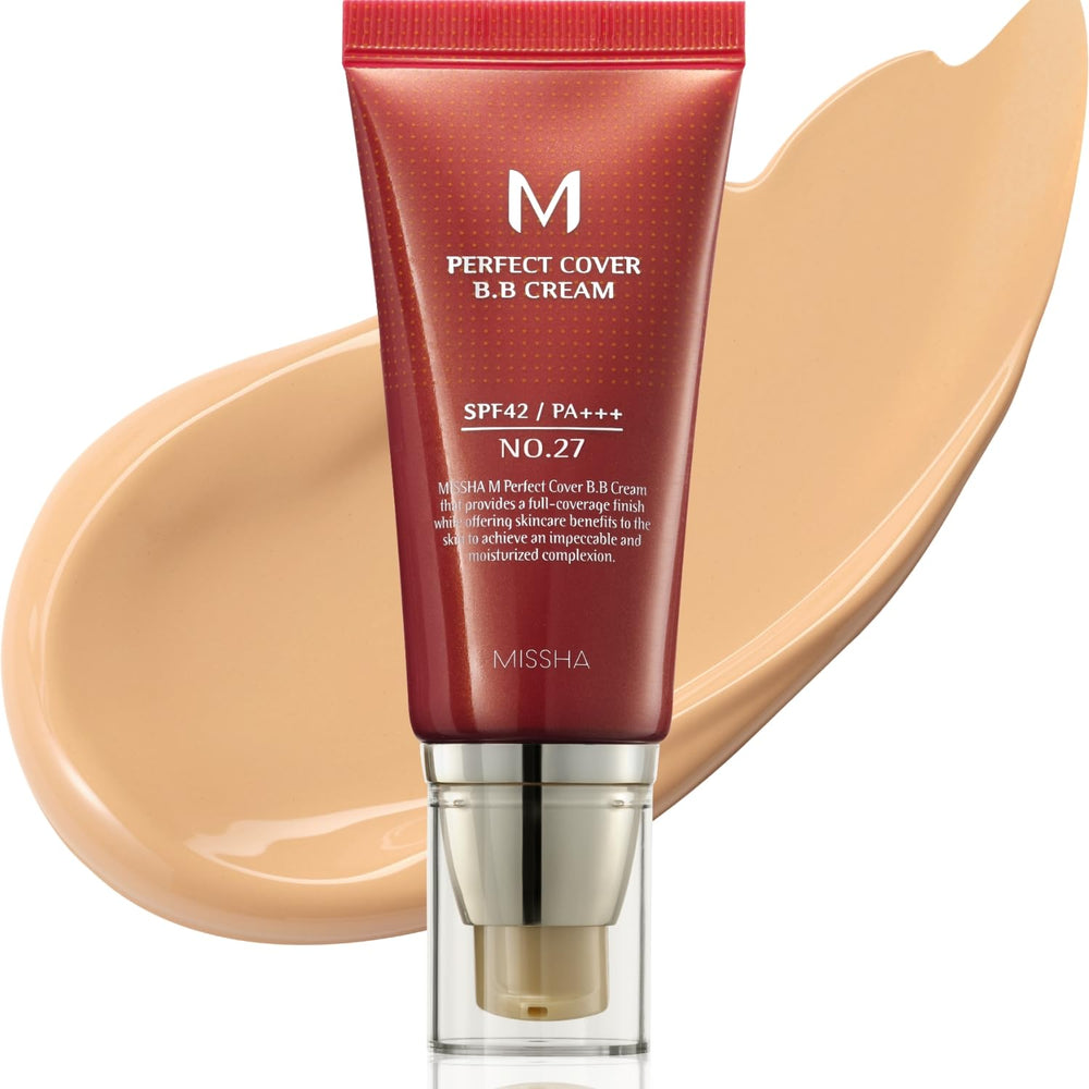 MISSHA M Perfect Cover BB Cream No27 Honey Beige bottle for even skin tone and SPF protection.