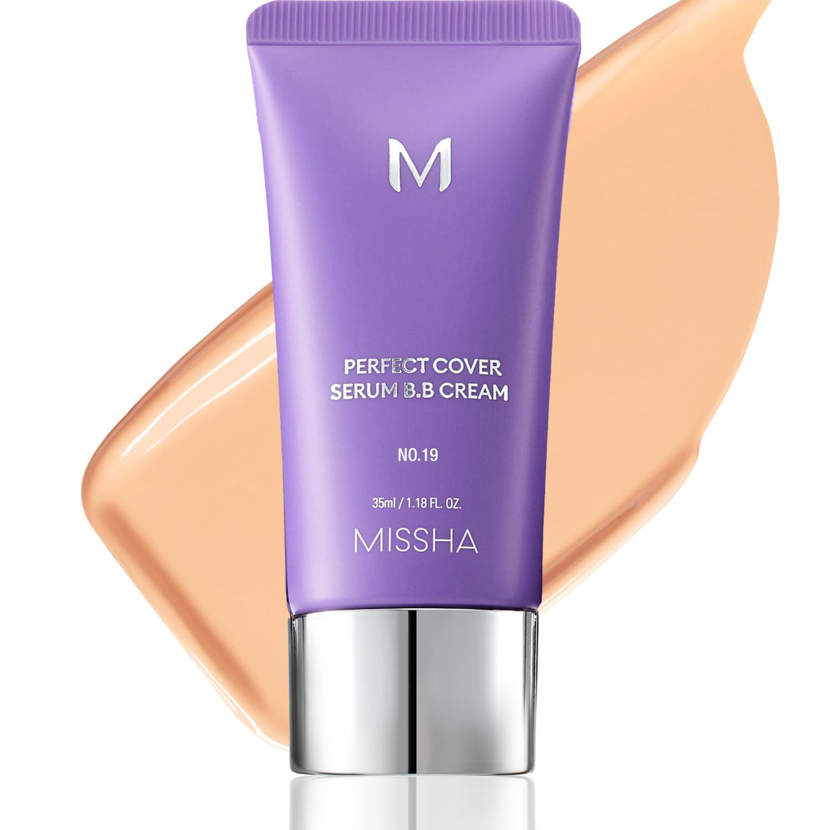 MISSHA M Perfect Cover Serum BB Cream No.19 Ivory packaging shows compact travel-friendly design for on-the-go touch-ups.