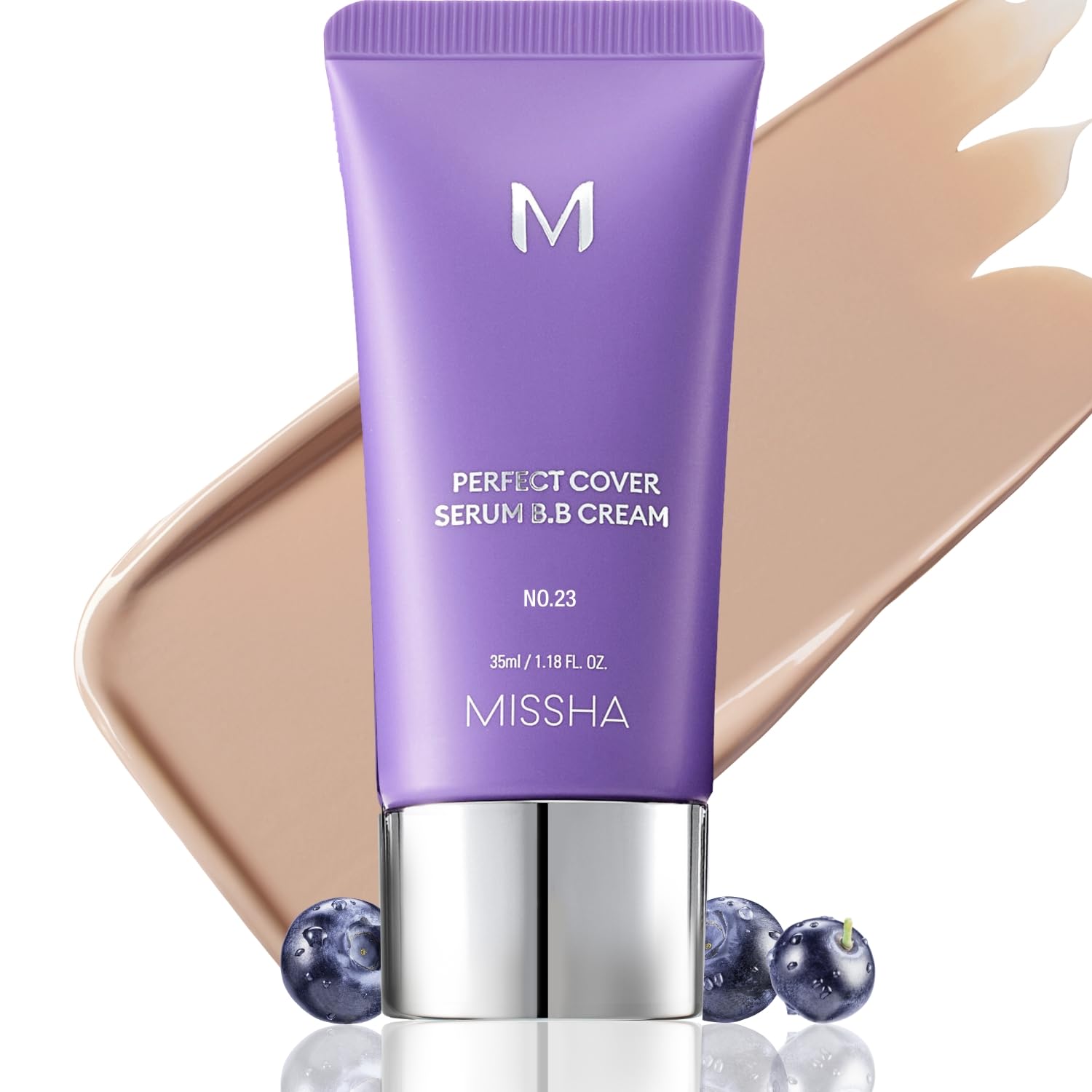 MISSHA M Perfect Cover Serum BB Cream No.23 bottle pump closeup for hydrated natural glow.