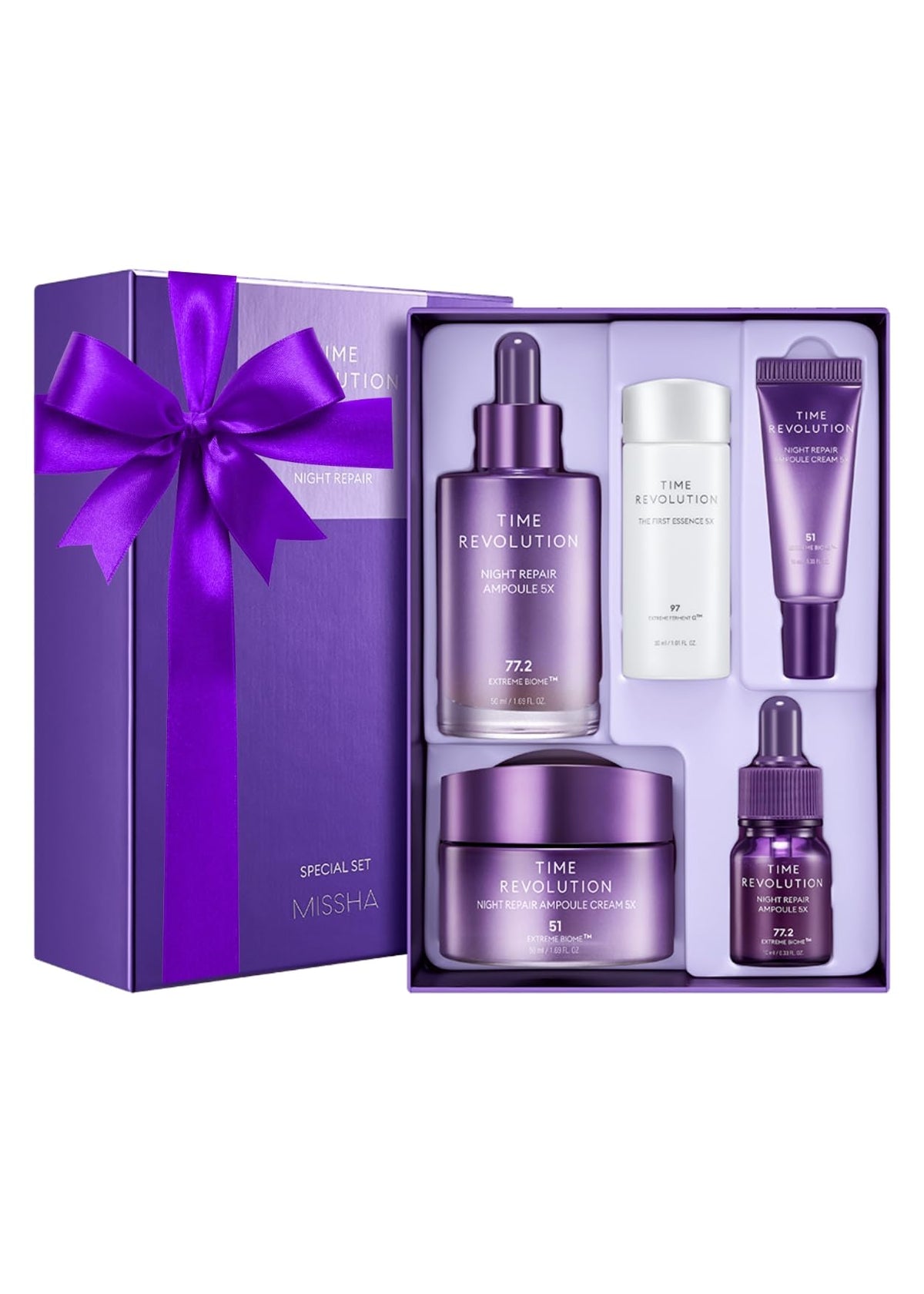 MISSHA Night Repair 5X Ampoule bottle shows rich nighttime hydration benefits.