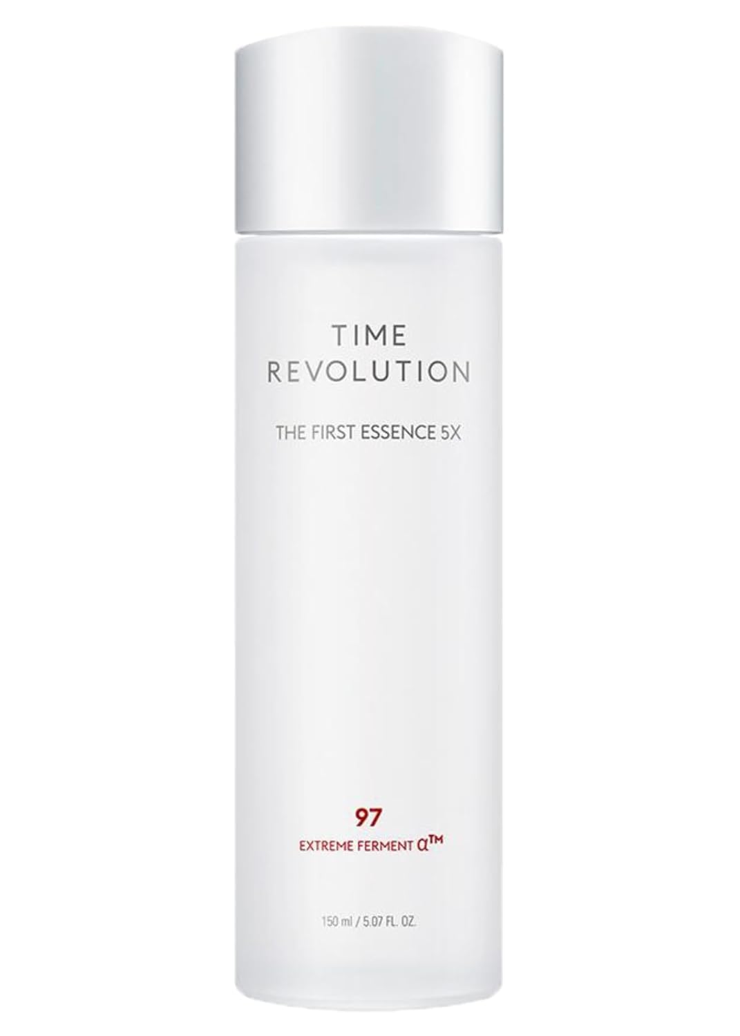 MISSHA Time Revolution First Essence 5X bottle closeup highlighting fermentation formula for glowing skin hydration