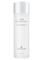 MISSHA Time Revolution First Essence 5X bottle closeup highlighting fermentation formula for glowing skin hydration
