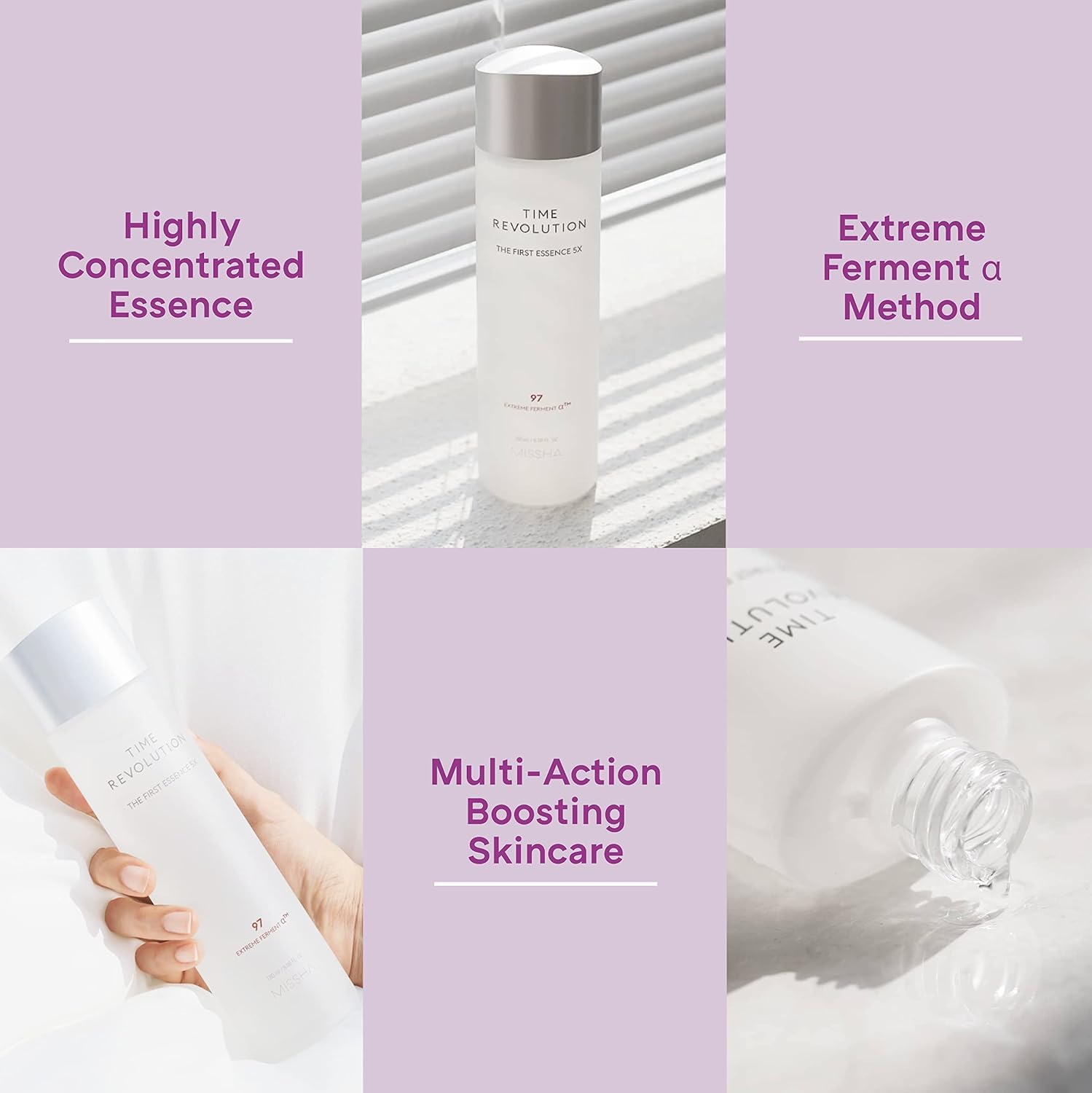 MISSHA Time Revolution First Essence 5X fermentation jar label emphasizing natural enzymes and balance