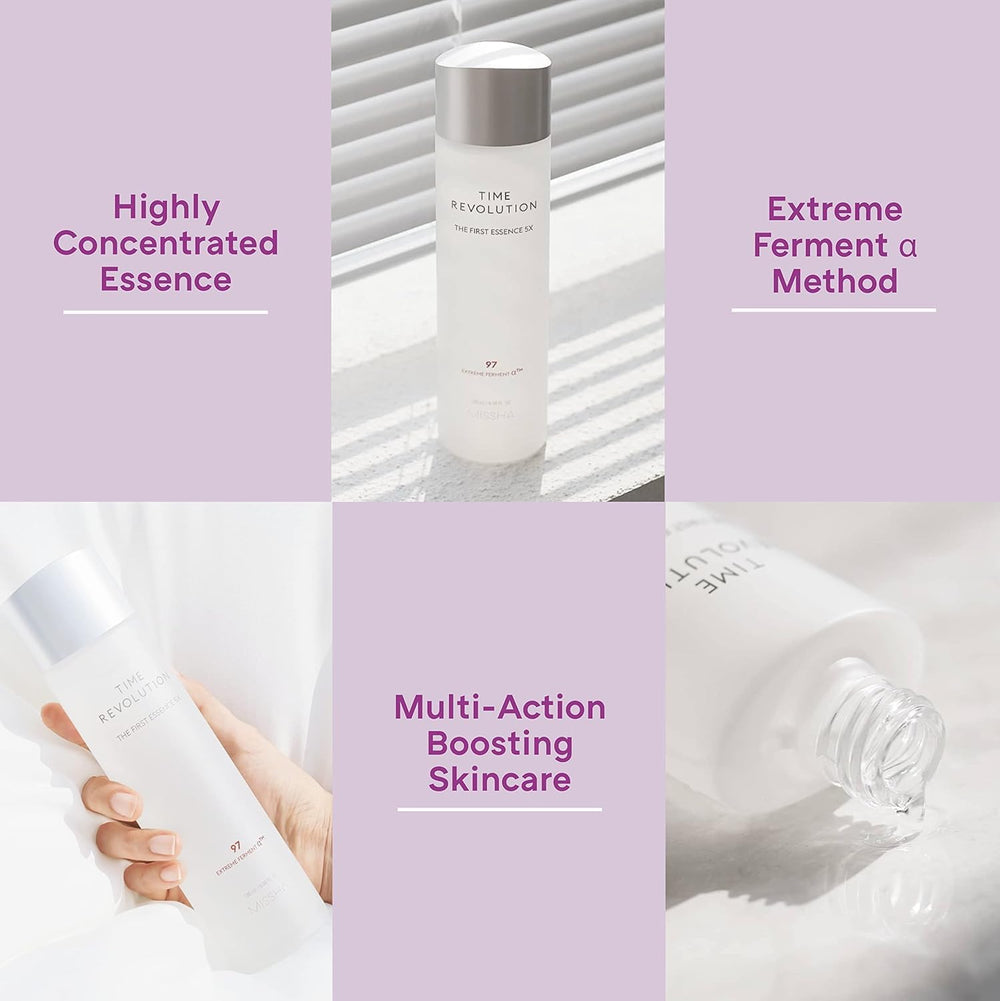 MISSHA Time Revolution First Essence 5X fermentation jar label emphasizing natural enzymes and balance