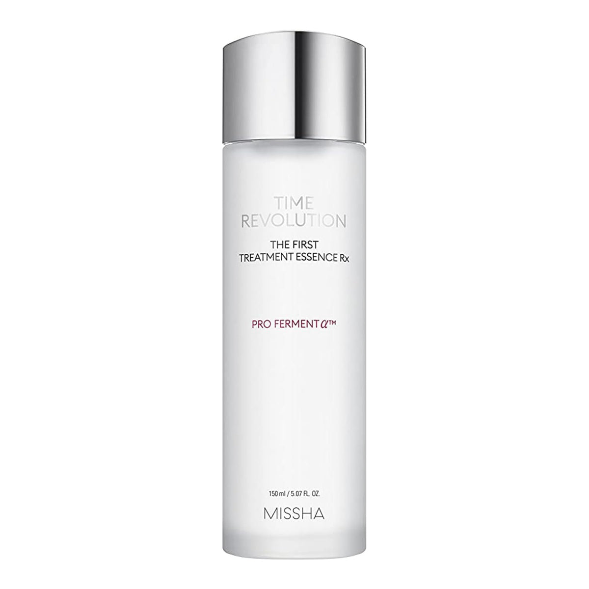 MISSHA Time Revolution The First Essence RX bottle close-up highlights hydrating, double-fermented formula.