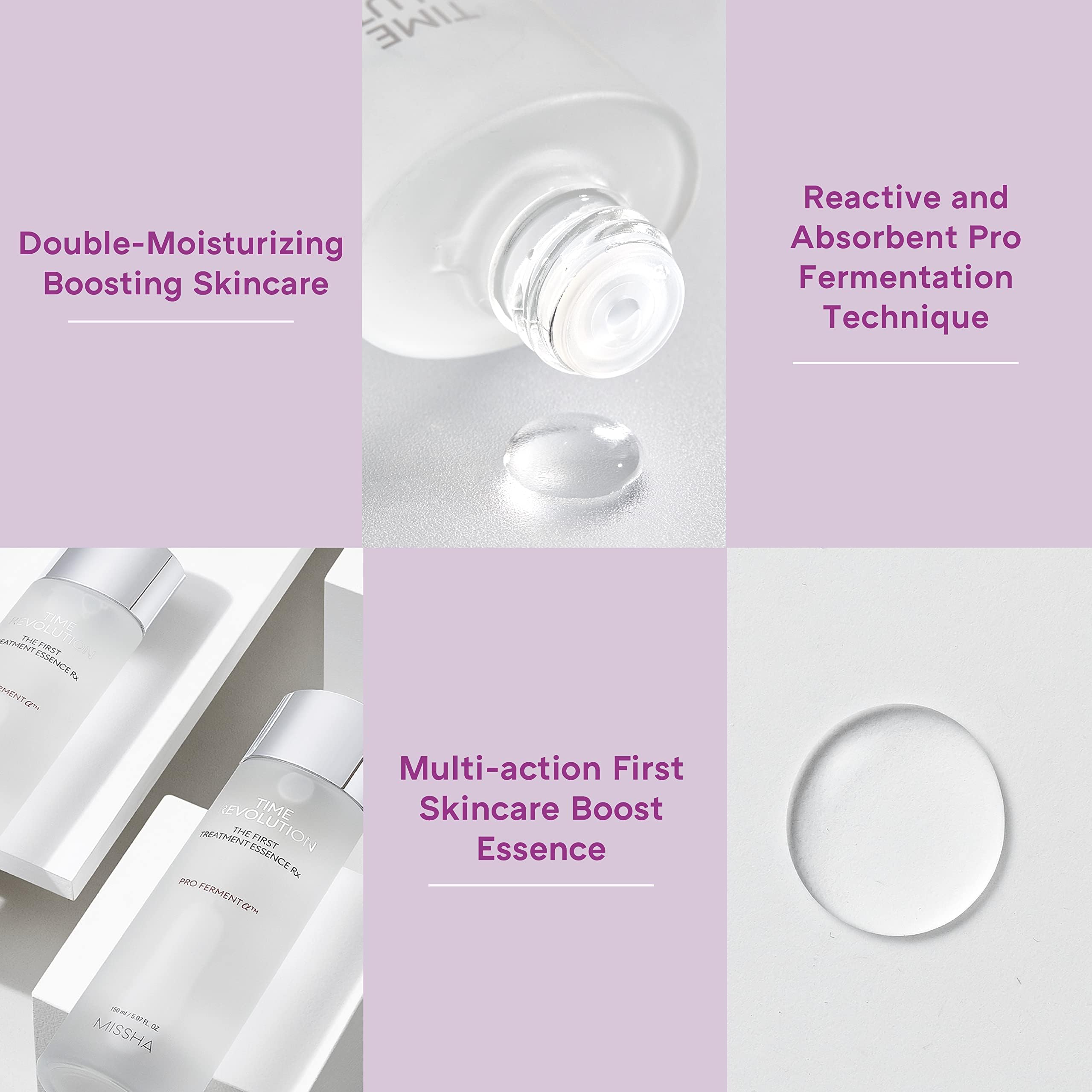 MISSHA Time Revolution First Essence RX fermentation detail highlights double-ferment tech aiding absorption.