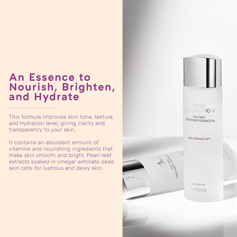 MISSHA Time Revolution First Essence RX skin finish image hints dewy, balanced complexion results.
