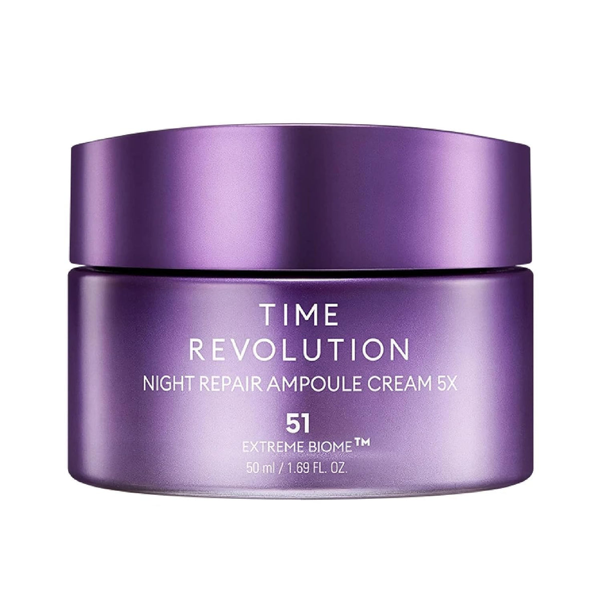 MISSHA Time Revolution Night Repair Ampoule Cream bottle closeup highlights triple fermentation for overnight radiance.