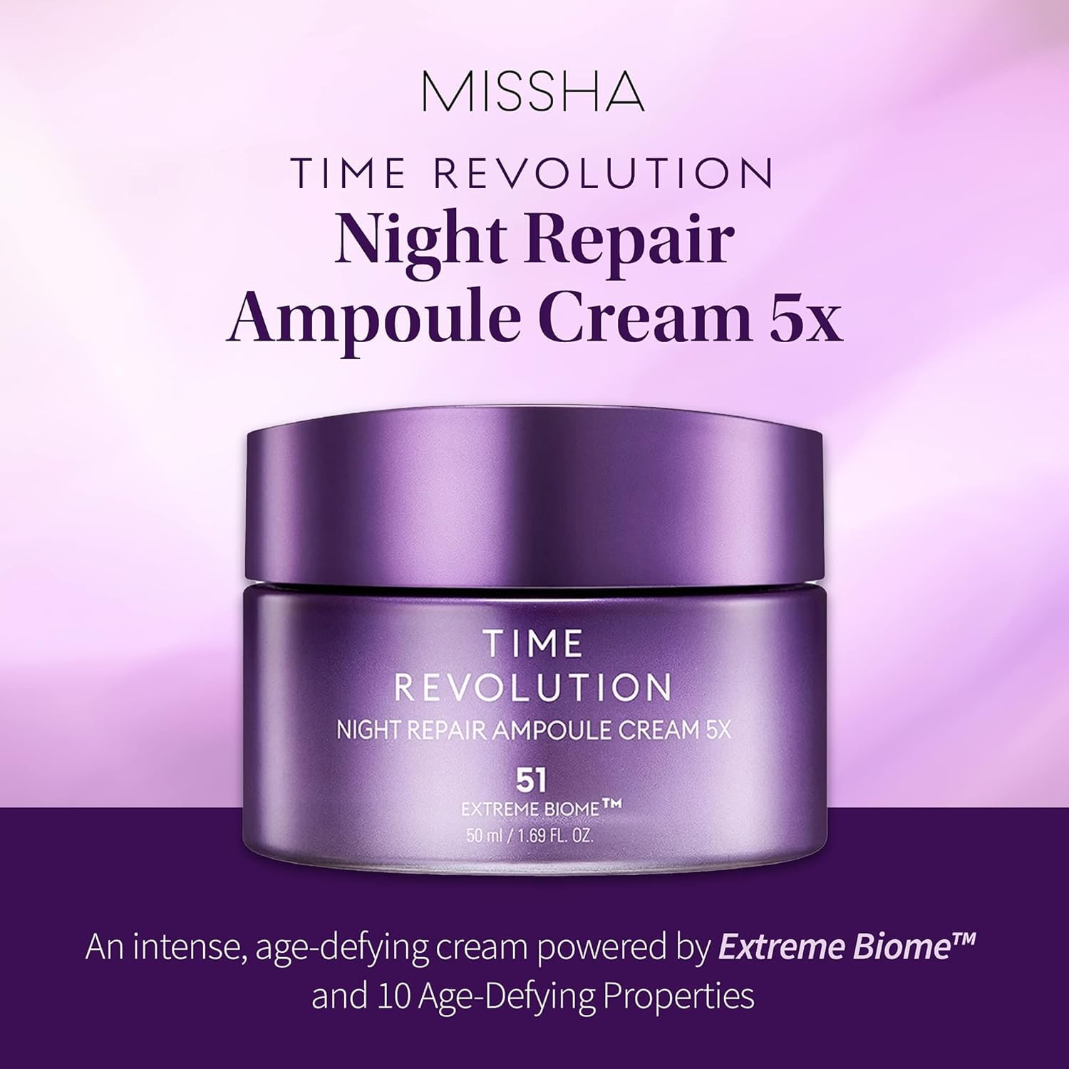 MISSHA Time Revolution Night Repair Ampoule Cream shows gentle, fragrance-free nighttime care.