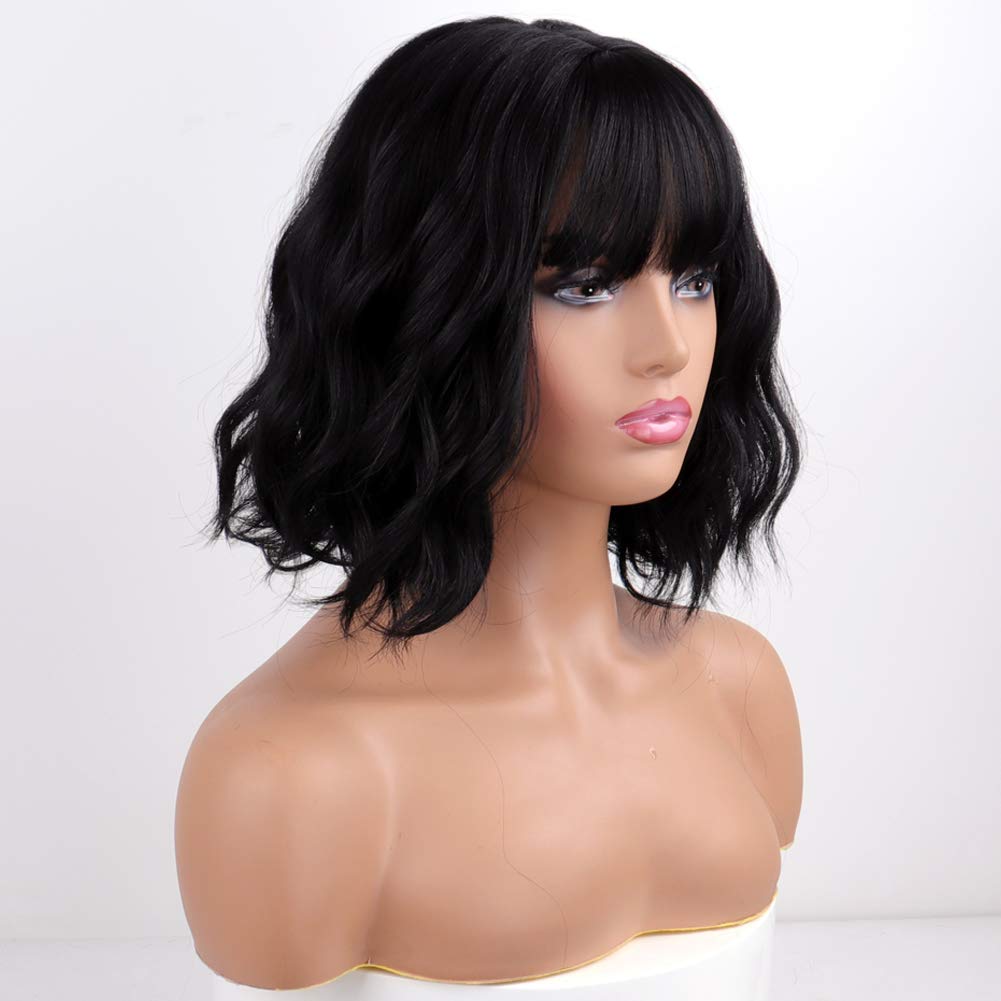 MISSQUEEN short-wavy-black-wig-bangs back view reveals full silhouette and density.