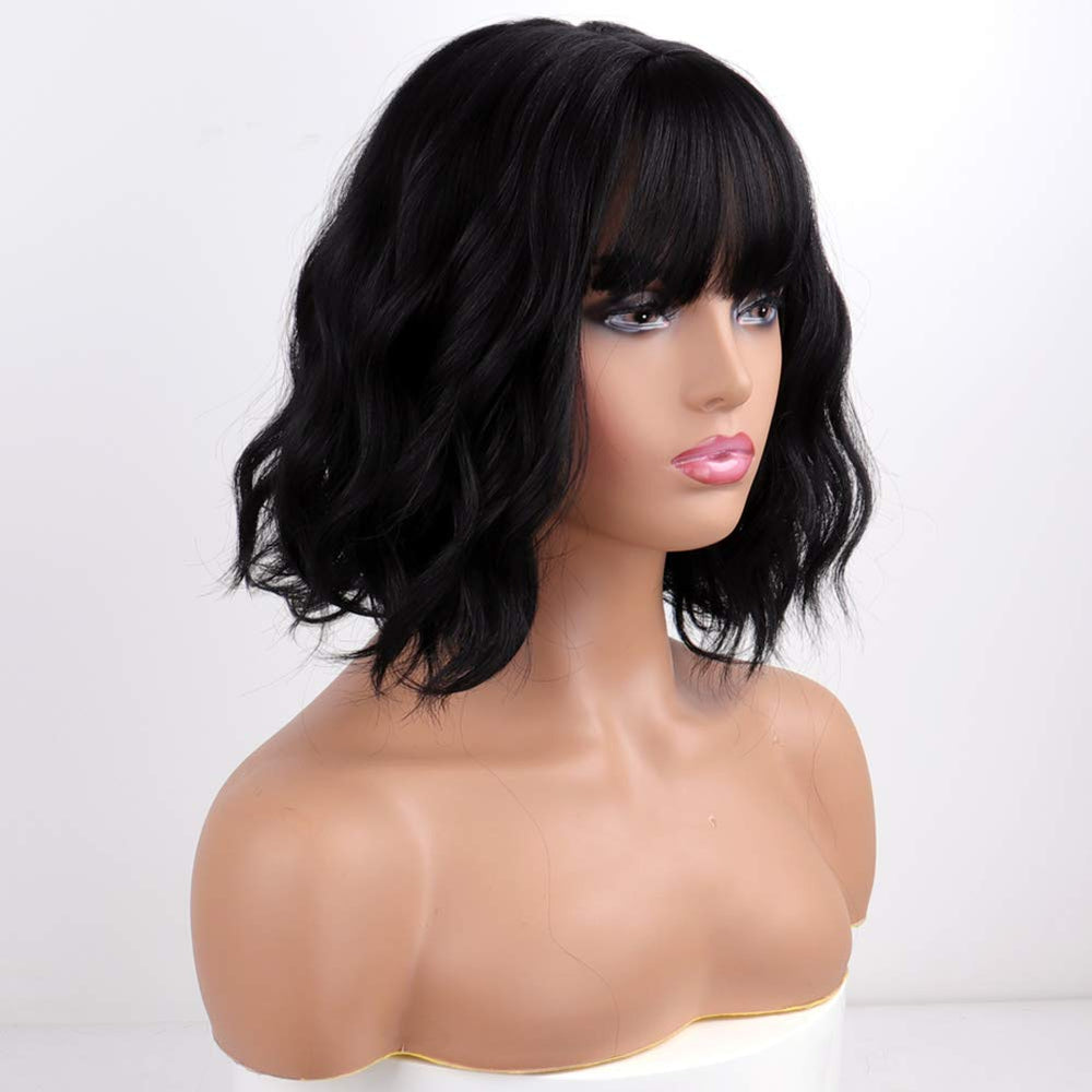 MISSQUEEN short-wavy-black-wig-bangs back view reveals full silhouette and density.