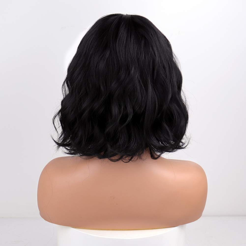 MISSQUEEN short-wavy-black-wig-bangs mesh-cap breathable design ensures comfort.