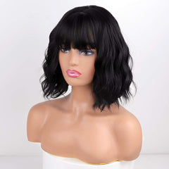MISSQUEEN short-wavy-black-wig-bangs close-up bangs detail for realistic fringe.