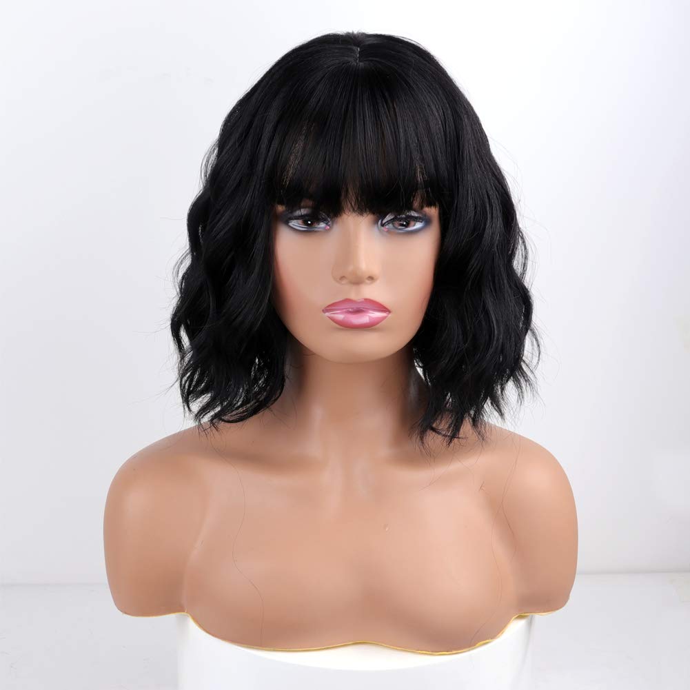 MISSQUEEN short-wavy-black-wig-bangs side view demonstrates versatile styling options.