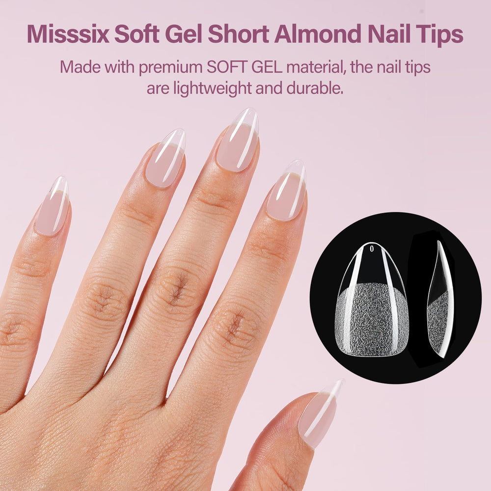 Misssix 12 sizes short almond tips arranged for a precise, customized fit.