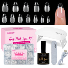 Misssix short almond nail tips kit, tips neatly arranged for quick at-home nail enhancement.