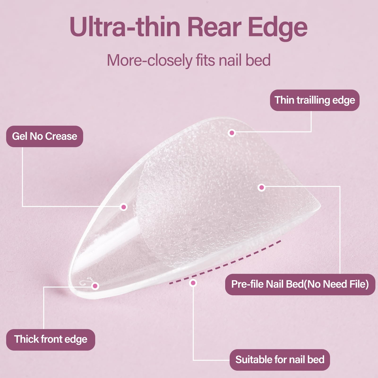 Misssix soft gel nail tips close-up highlighting thin back edge for comfortable wear.