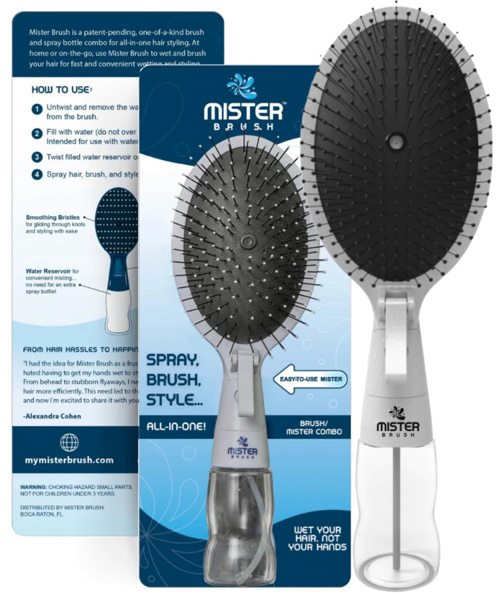 Mister Brush 2-in-1 hairbrush mister white front view for travel styling.