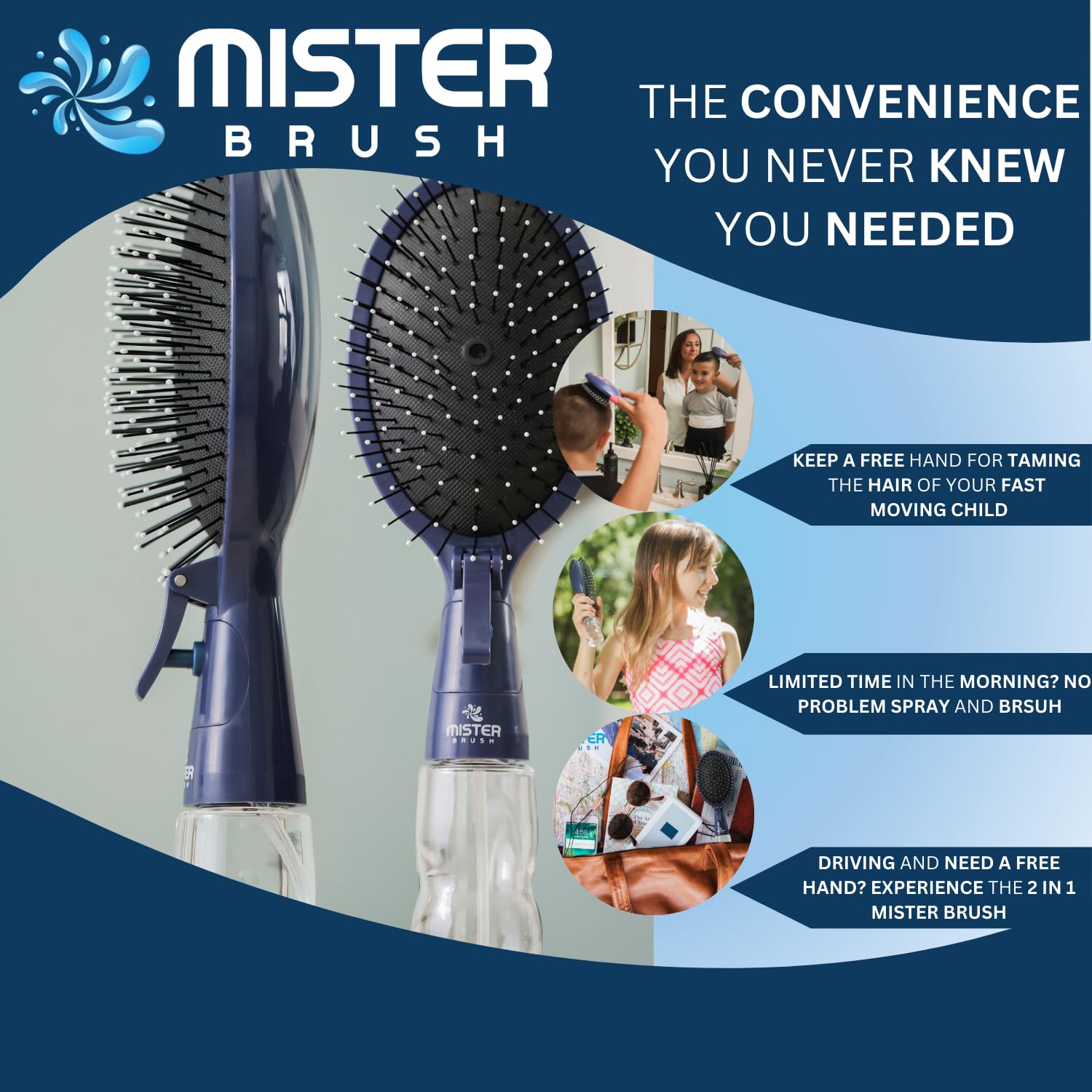 Mister Brush mist spray action highlights easy, even hydration for styles.