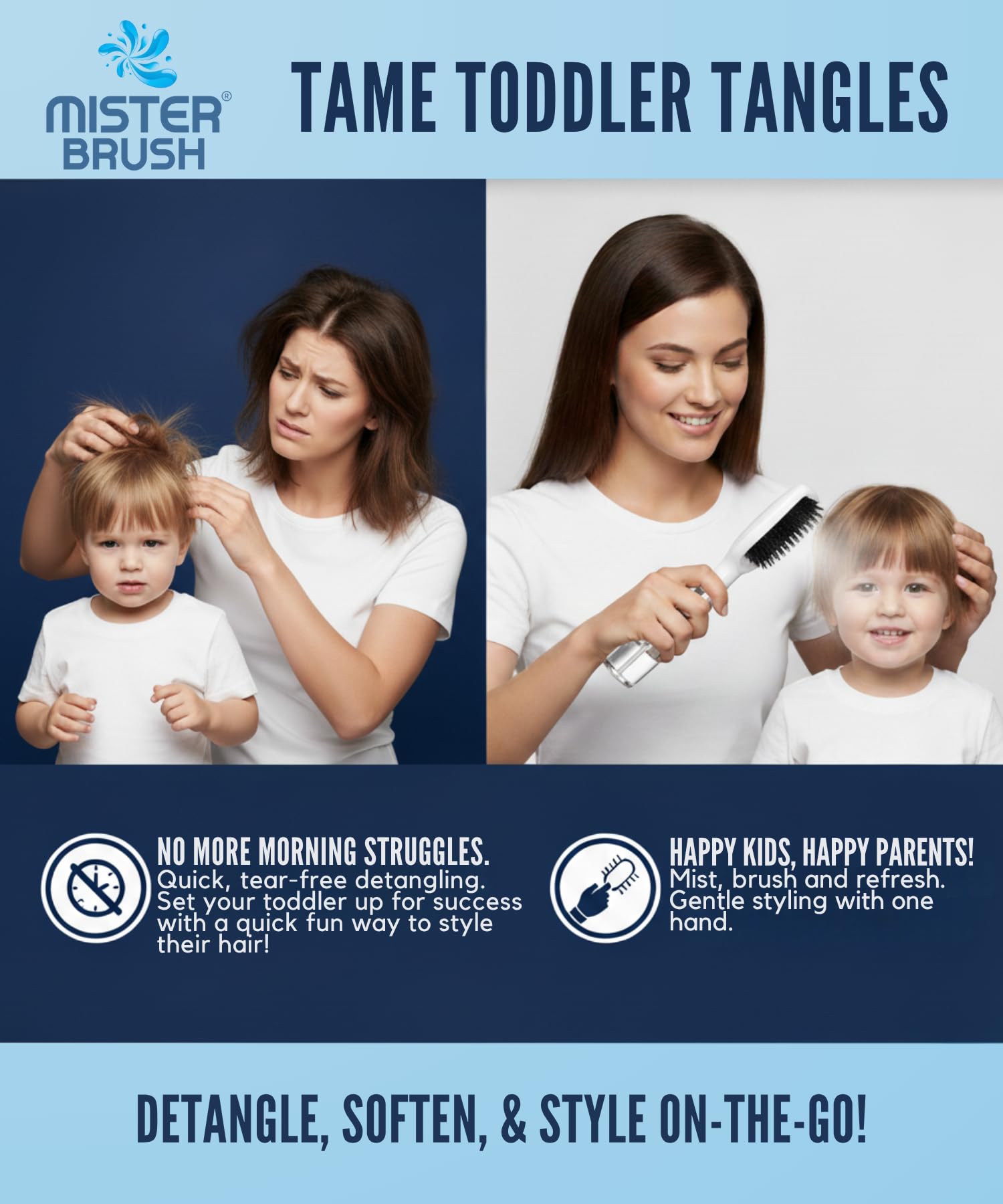 Mister Brush Navy built-in mister supports quick hair refresh and easy touch-ups.