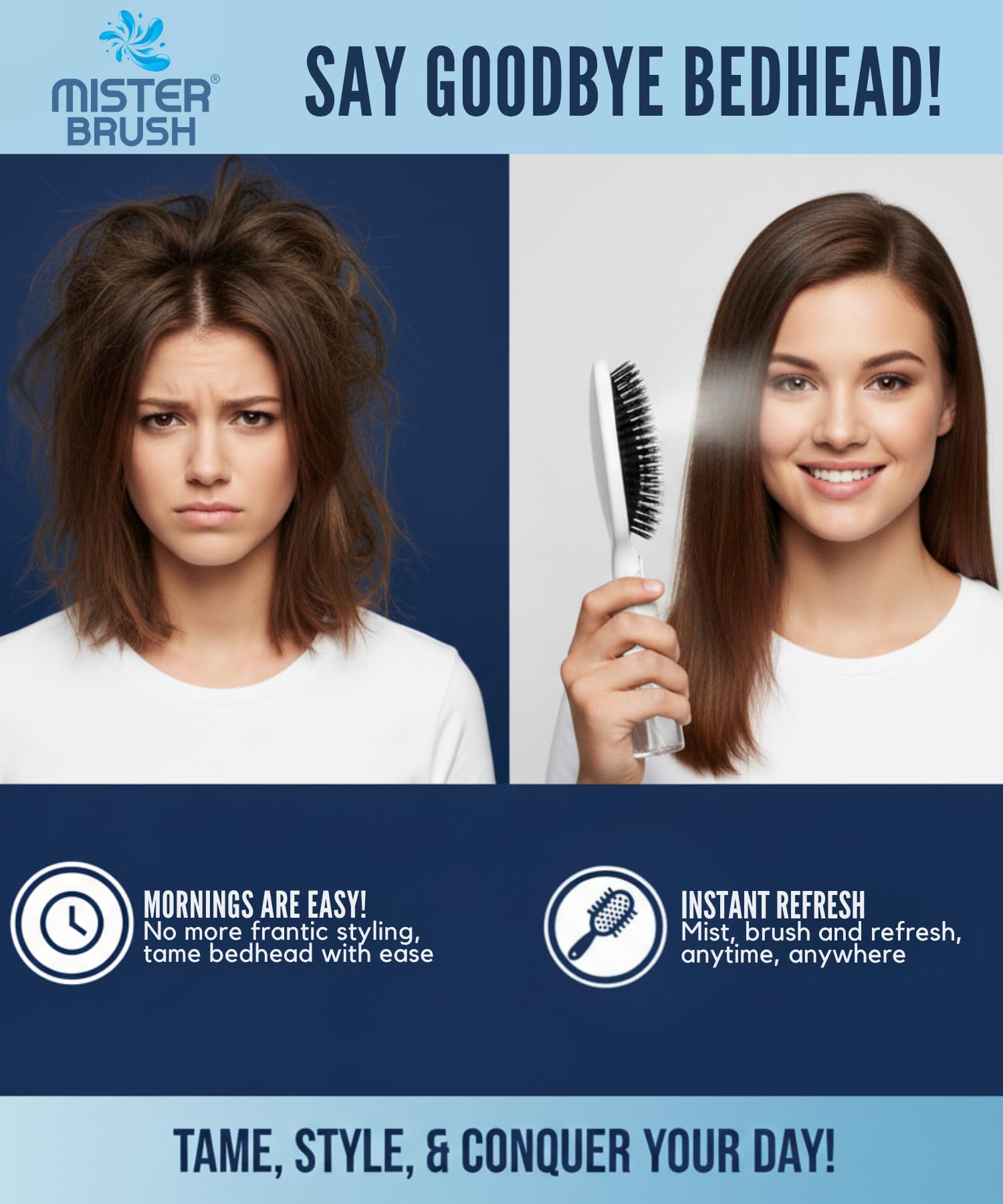 Mister Brush Navy portable design fits bags for on-the-go styling.